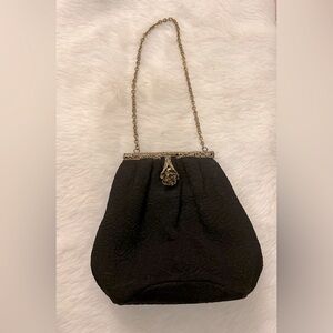 Vtg Reticule Flapper 1920’s-30’s Black Mini Bag Rose Floral lock Hardware Purse